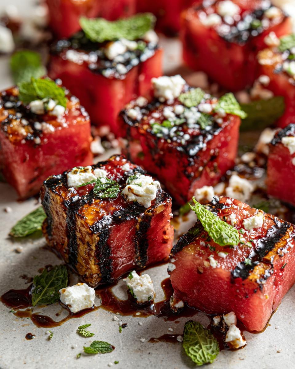 Close-up of grilled watermelon feta salad cubes with feta cheese, mint, and balsamic glaze.