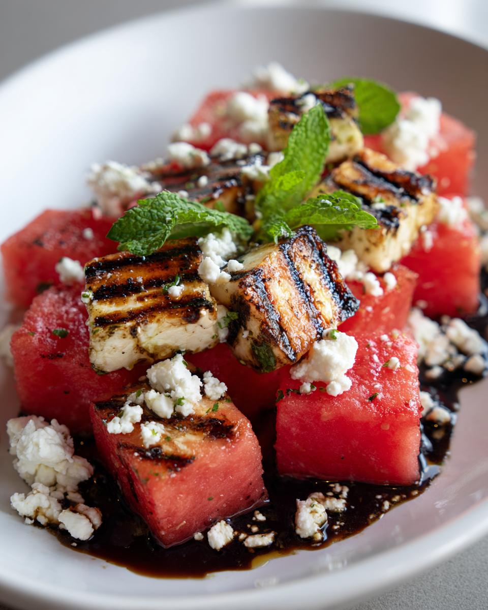 Close-up of a Grilled Watermelon Feta Salad with grilled halloumi, feta cheese, and mint.