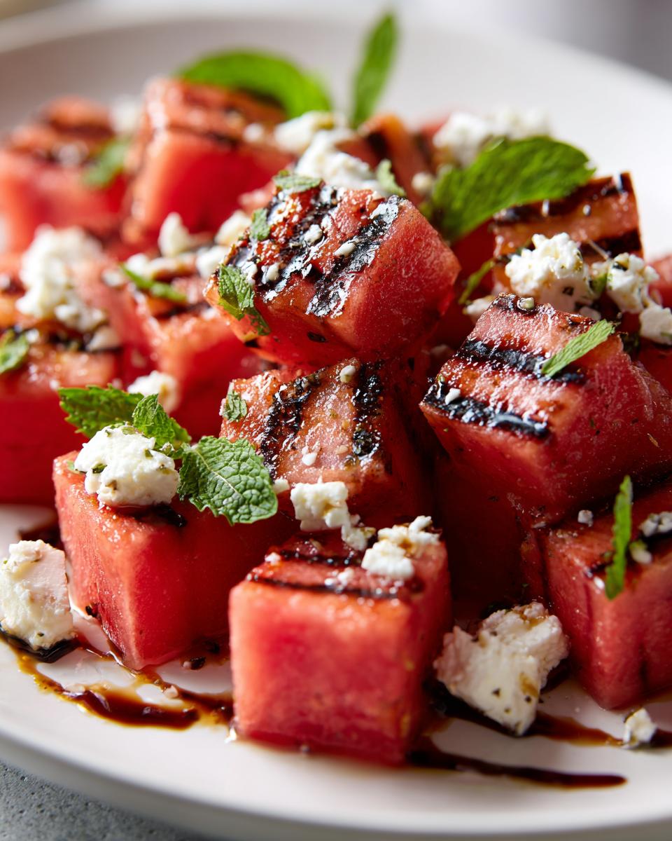 Close-up of a Grilled Watermelon Feta Salad with feta cheese and mint.