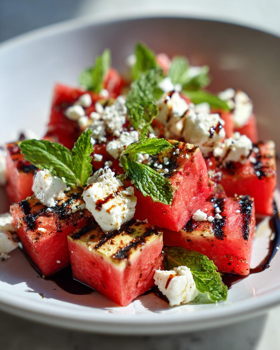 Close-up of a Grilled Watermelon Feta Salad with feta cheese and mint.