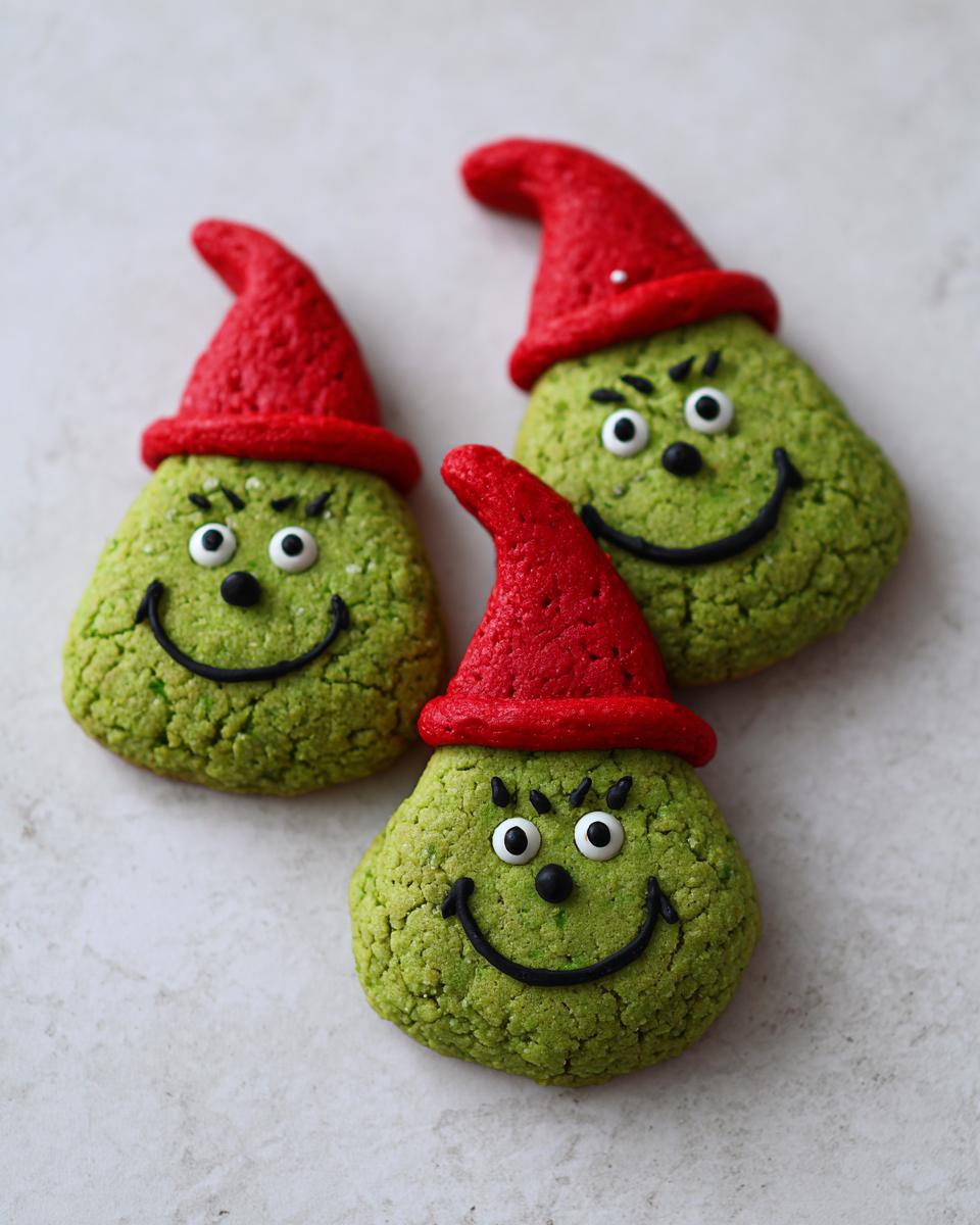 Three green Grinch cookies with red hats, black smiles, and white eyes, perfect for holiday baking.