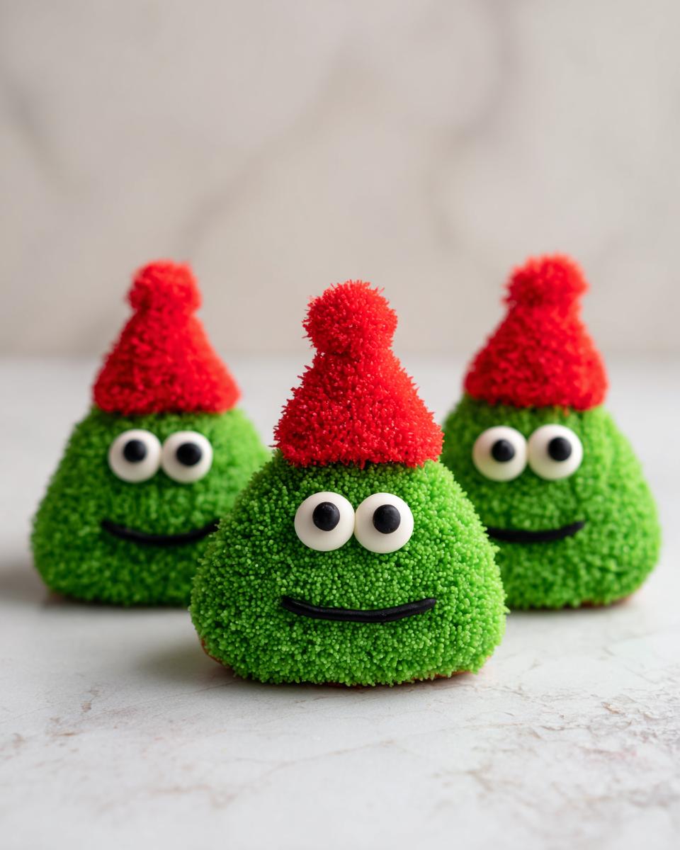Three green Grinch Cookies decorated with white eyes, black smiles, and fuzzy red hats.
