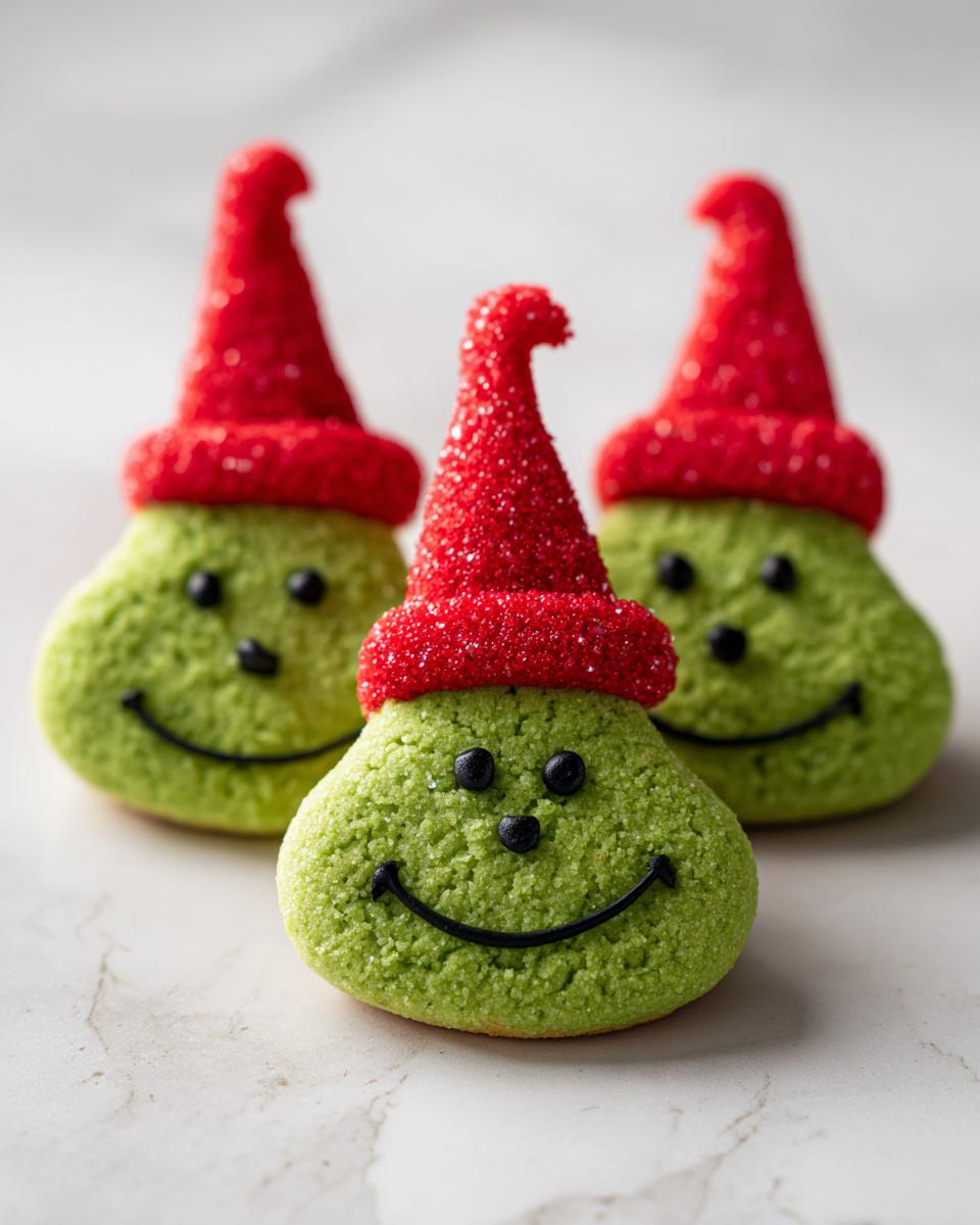 Three Grinch Cookies with green bodies, black eyes, smiles, and red sparkly hats.