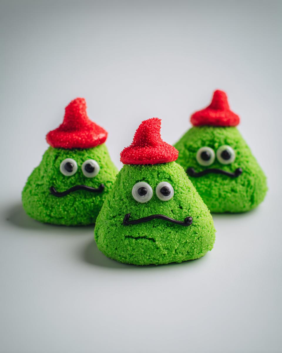 Three bright green Grinch Cookies decorated with red hats, googly eyes, and mustaches.