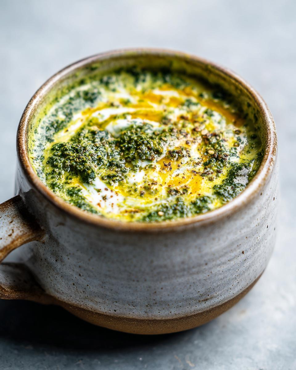 Close-up of a mug filled with creamy Healthy Broccoli Cheddar Soup, garnished with herbs.