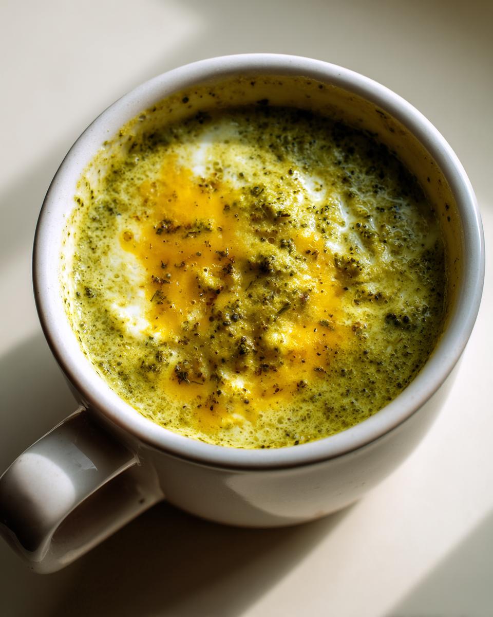 Overhead shot of a mug filled with creamy Healthy Broccoli Cheddar Soup.
