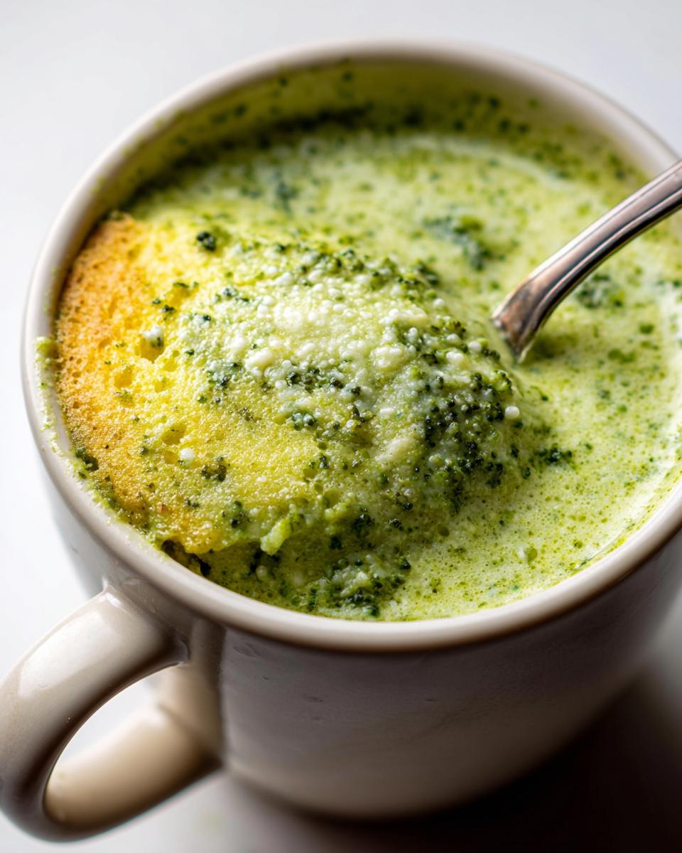 Close-up of a mug filled with creamy Healthy Broccoli Cheddar Soup, with a spoon.