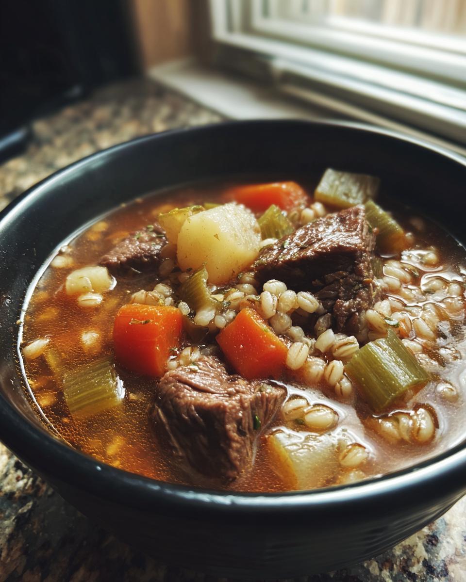 Close-up of a bowl of Hearty Beef & Barley Soup with beef, barley, carrots, and celery.