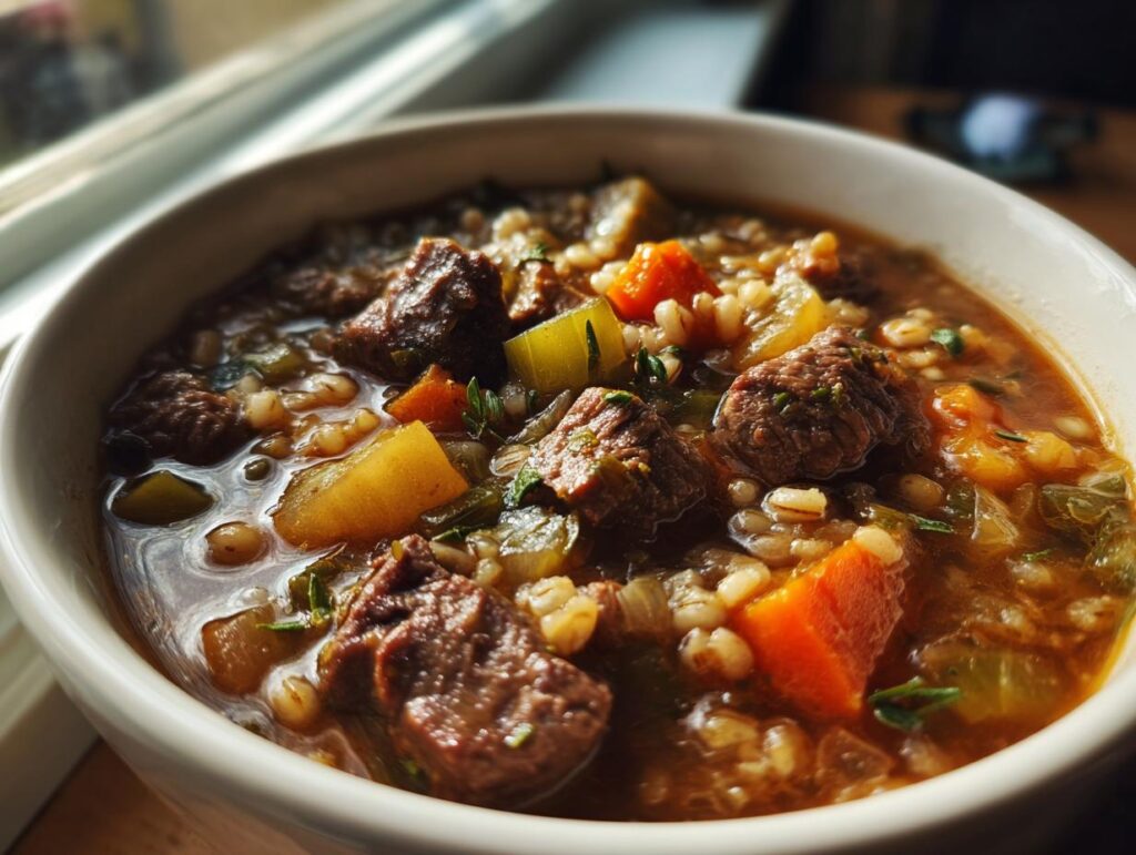 Close-up of a bowl of Hearty Beef & Barley Soup, featuring beef chunks, barley, and vegetables.