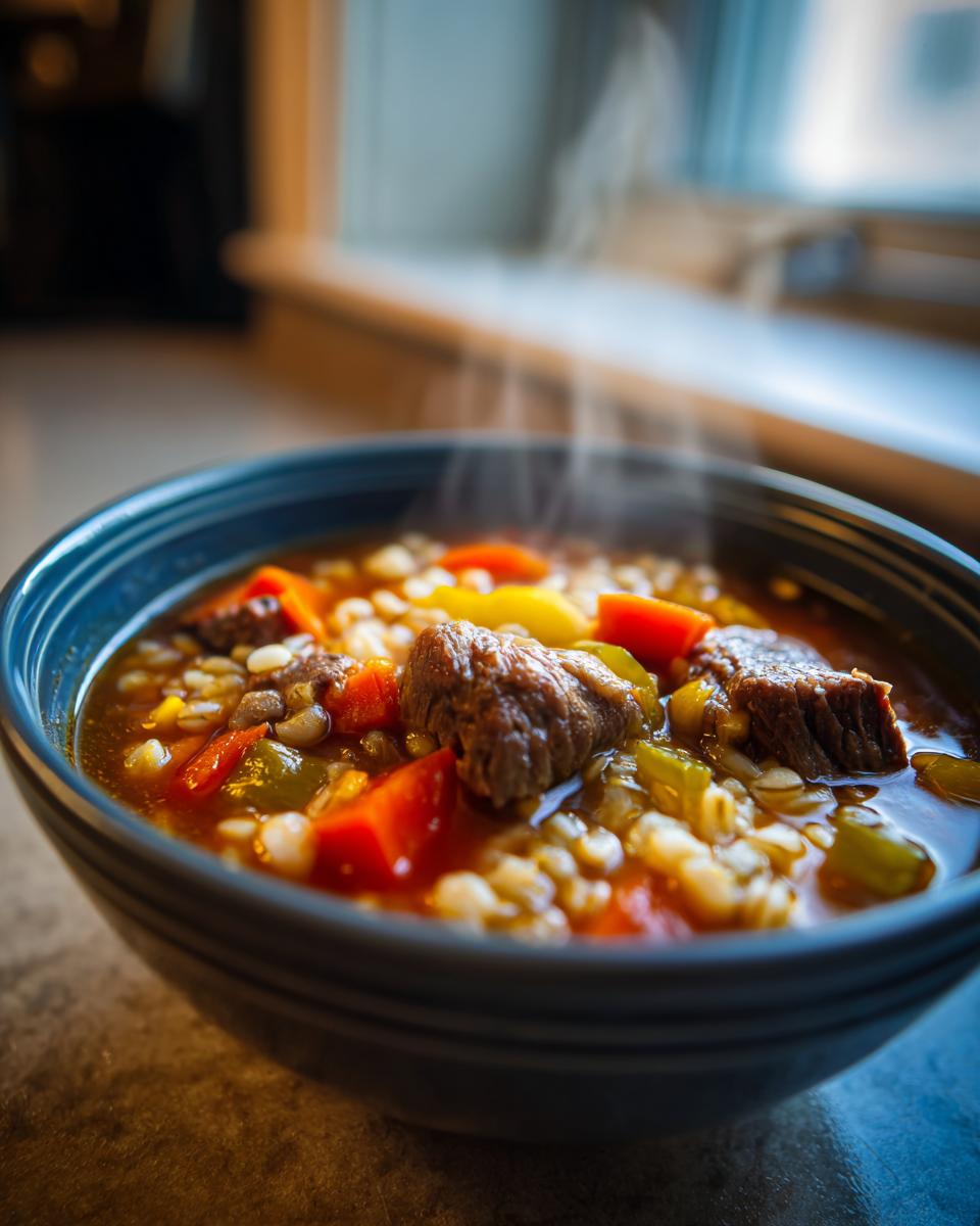 Close-up of a bowl of Hearty Beef & Barley Soup, with visible beef, barley, and vegetables.