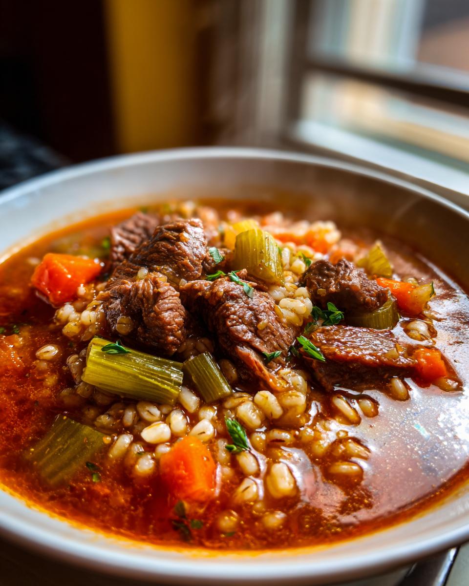Close-up of a bowl of Hearty Beef & Barley Soup with beef chunks, barley, and vegetables.