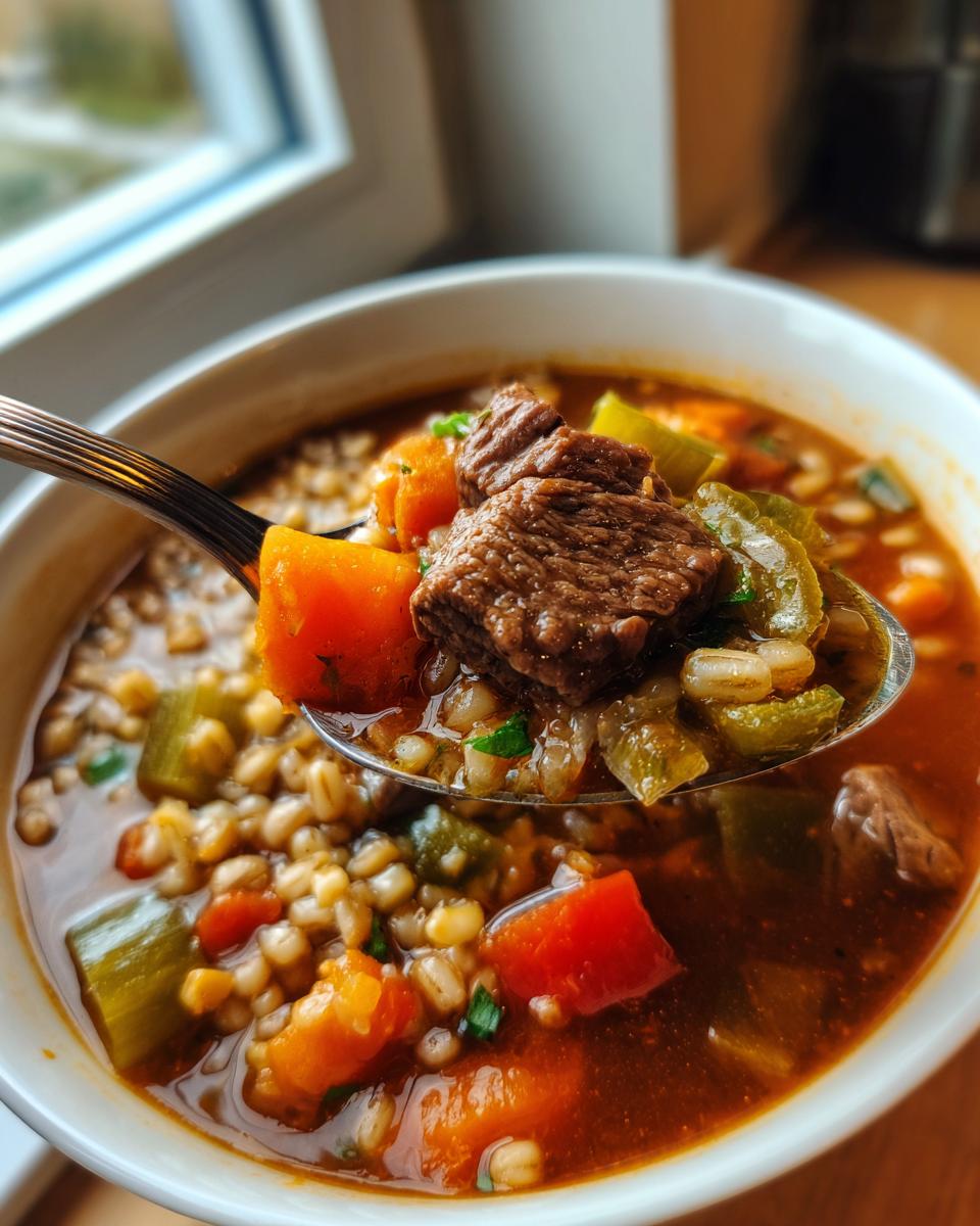 Close-up of a spoonful of Hearty Beef & Barley Soup with beef, barley, and vegetables.