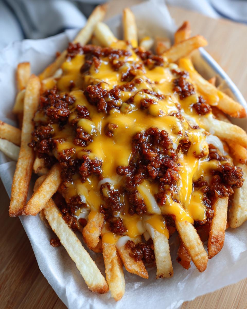 Close-up of a basket of Hearty Chili Cheese Fries, with melted cheese and chili topping.