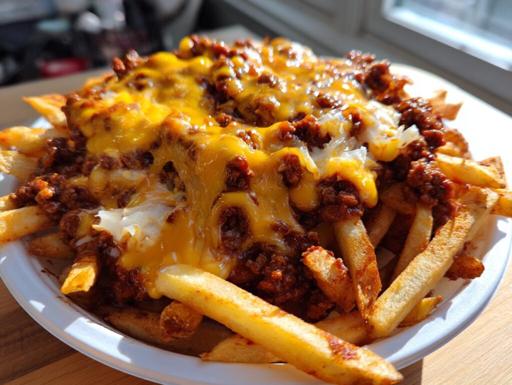 A plate of Hearty Chili Cheese Fries, with melted cheese and chili over crispy fries.