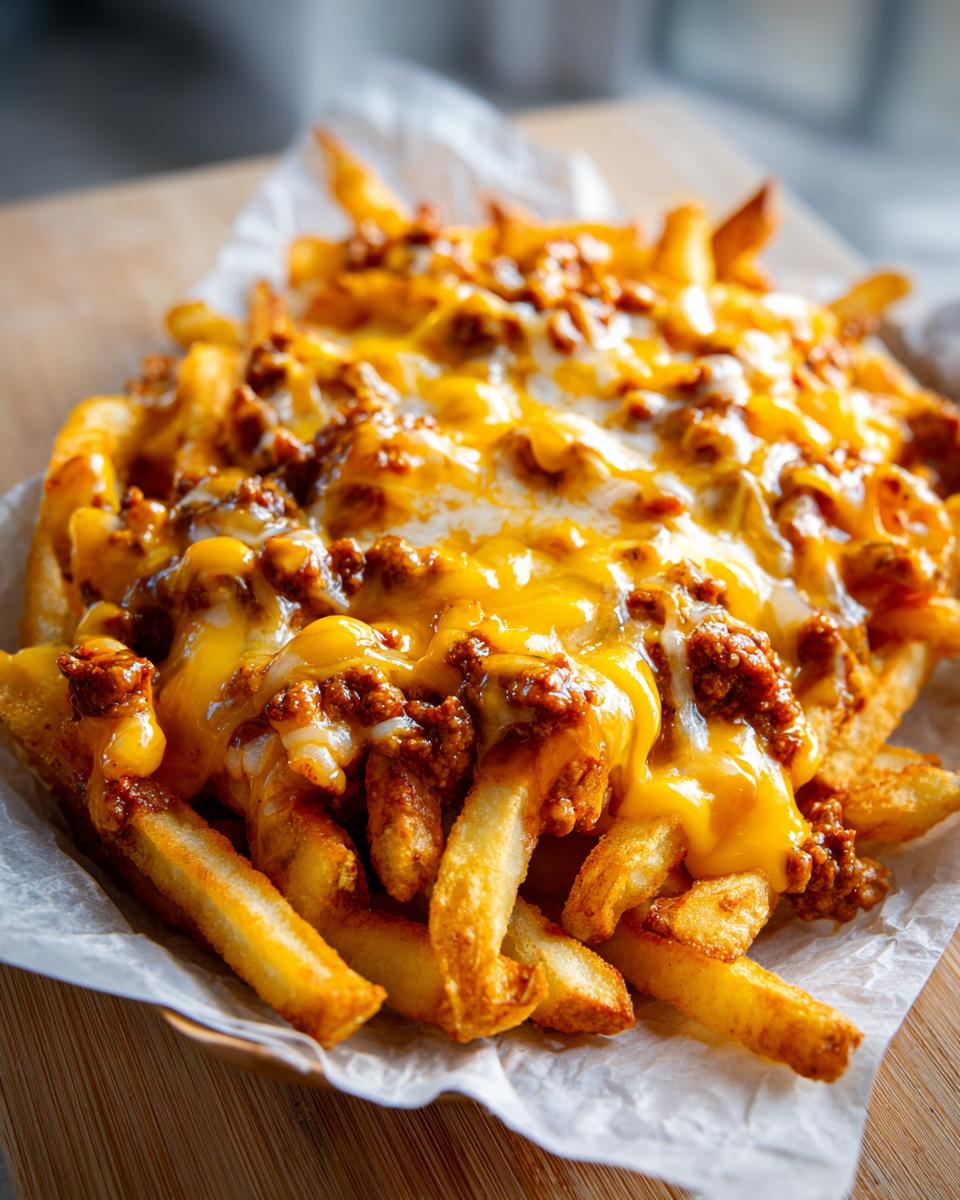 Close-up of a basket of Hearty Chili Cheese Fries, topped with melted cheese and chili.