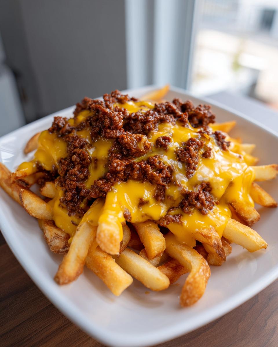 A plate of delicious Hearty Chili Cheese Fries, topped with chili and melted cheese.