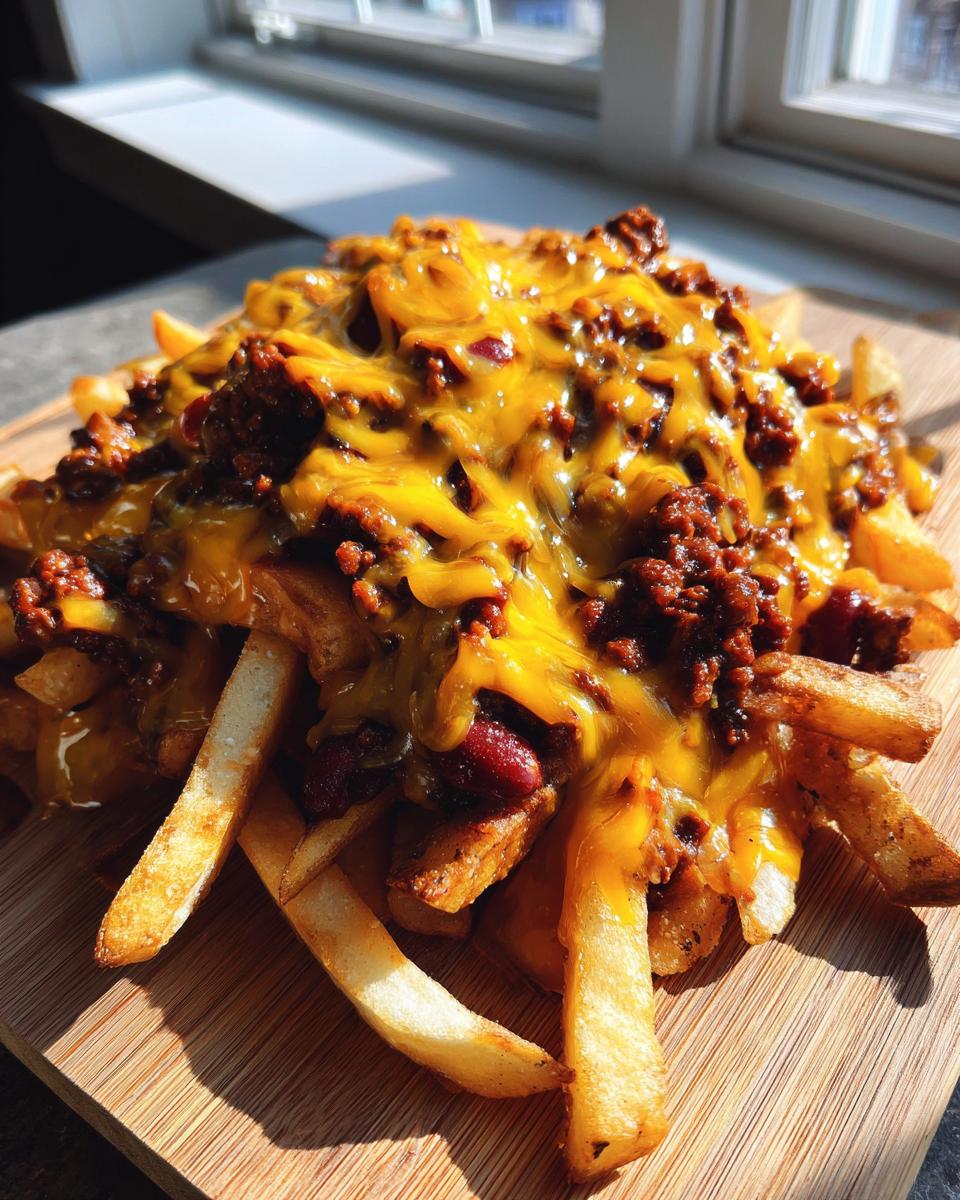 Close-up of delicious Hearty Chili Cheese Fries on a wooden board, topped with melted cheese and chili.
