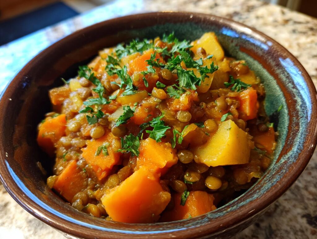 Close-up of a bowl of Hearty Lentil & Sweet Potato Stew, garnished with fresh herbs.