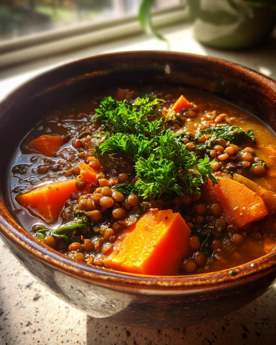 Close-up of a bowl of Hearty Lentil & Sweet Potato Stew, garnished with fresh parsley.