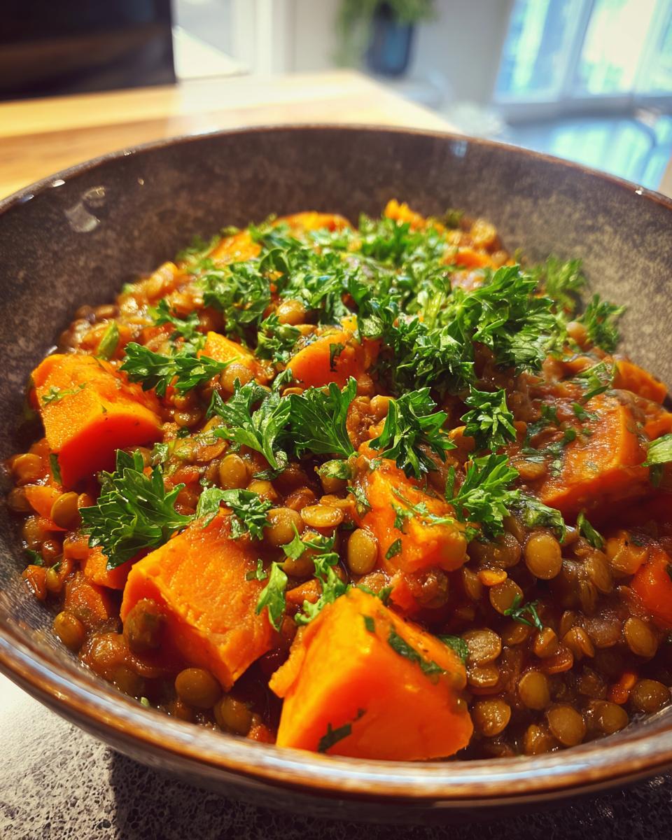 A bowl of delicious Hearty Lentil & Sweet Potato Stew, garnished with fresh parsley.