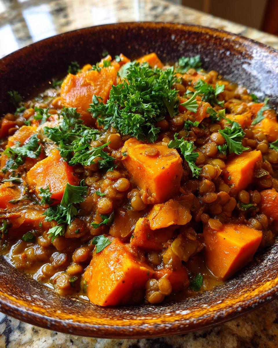 Close-up of a bowl of Hearty Lentil & Sweet Potato Stew with sweet potato cubes and fresh parsley garnish.