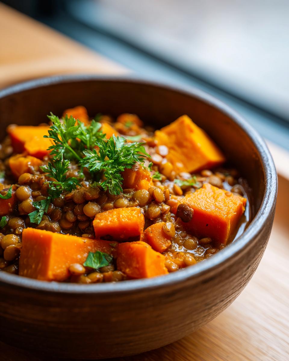 Close-up of a bowl of Hearty Lentil & Sweet Potato Stew with sweet potato cubes and fresh herbs.