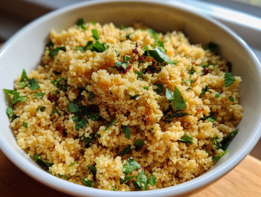 Close-up of a bowl of delicious herbed couscous, garnished with fresh herbs.