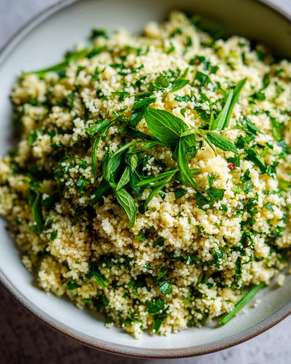 Close-up of a bowl of delicious Herbed Couscous, garnished with fresh herbs.