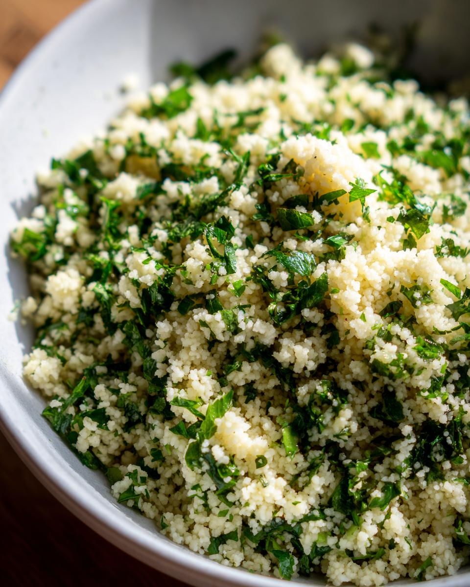 Close-up of a bowl of fresh Herbed Couscous, with bright green herbs.
