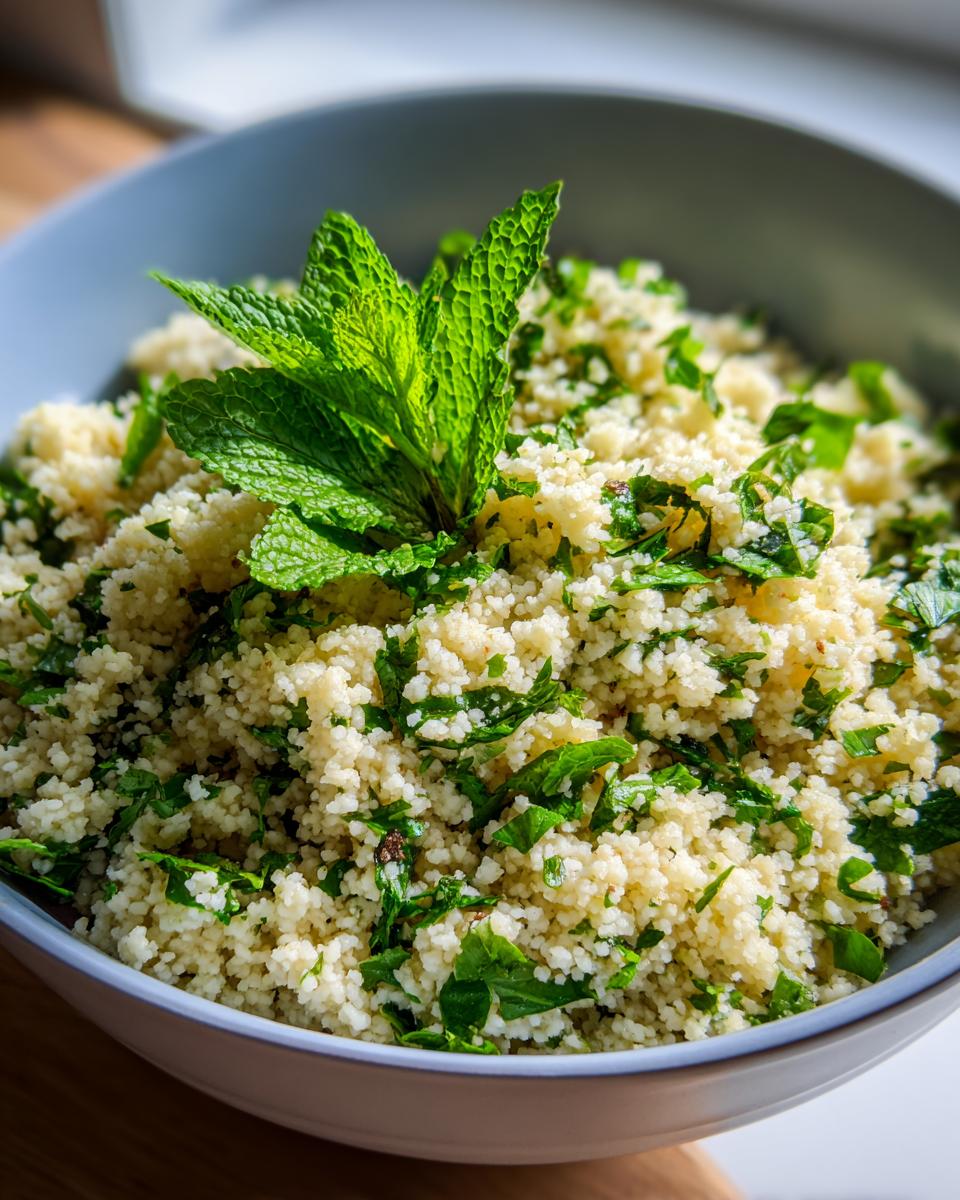 Close-up of a bowl of fresh Herbed Couscous garnished with mint.