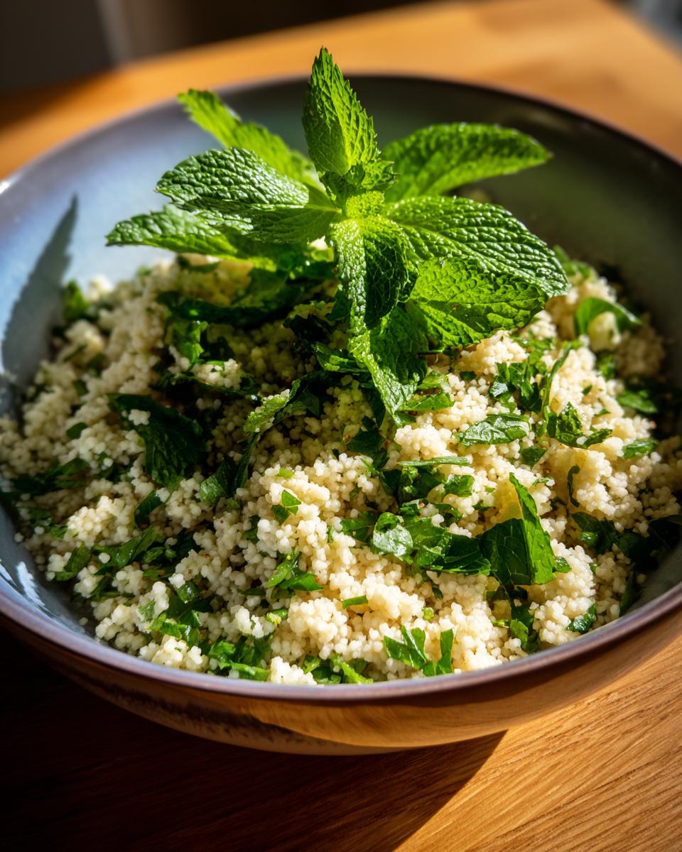 Close-up of a bowl of Herbed Couscous garnished with fresh mint leaves.