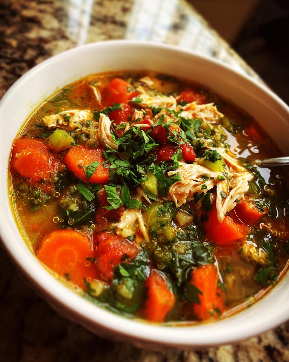 Close-up of a bowl of High-Protein Turkey & Quinoa Soup with carrots, tomatoes, and herbs.