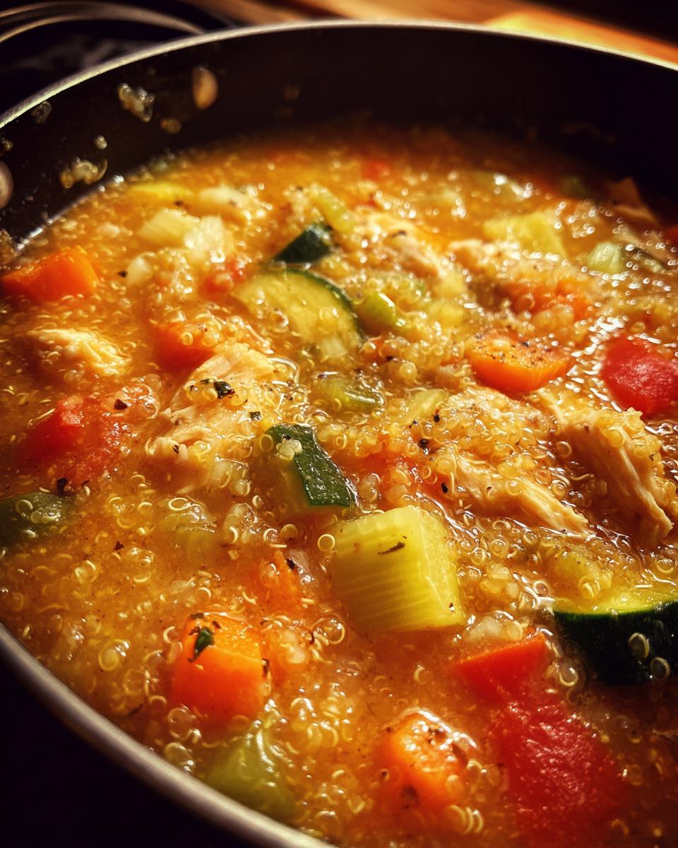 Close-up of High-Protein Turkey & Quinoa Soup with vegetables and quinoa in a pot.