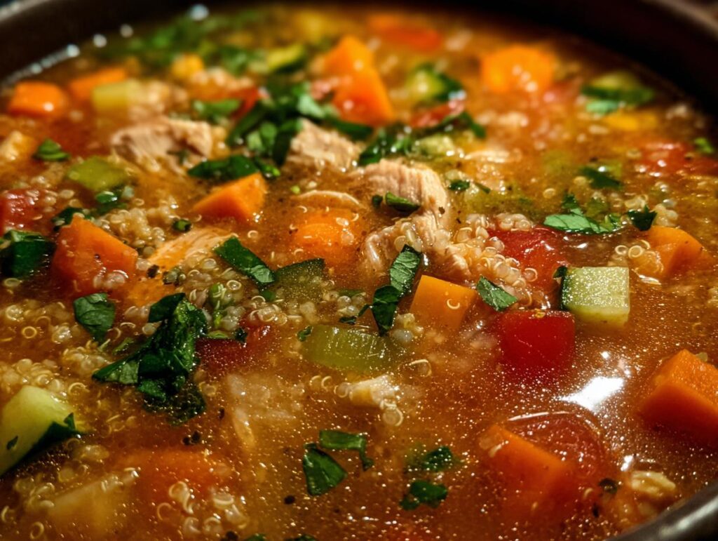 Close-up of a bowl of High-Protein Turkey & Quinoa Soup with vegetables and herbs.
