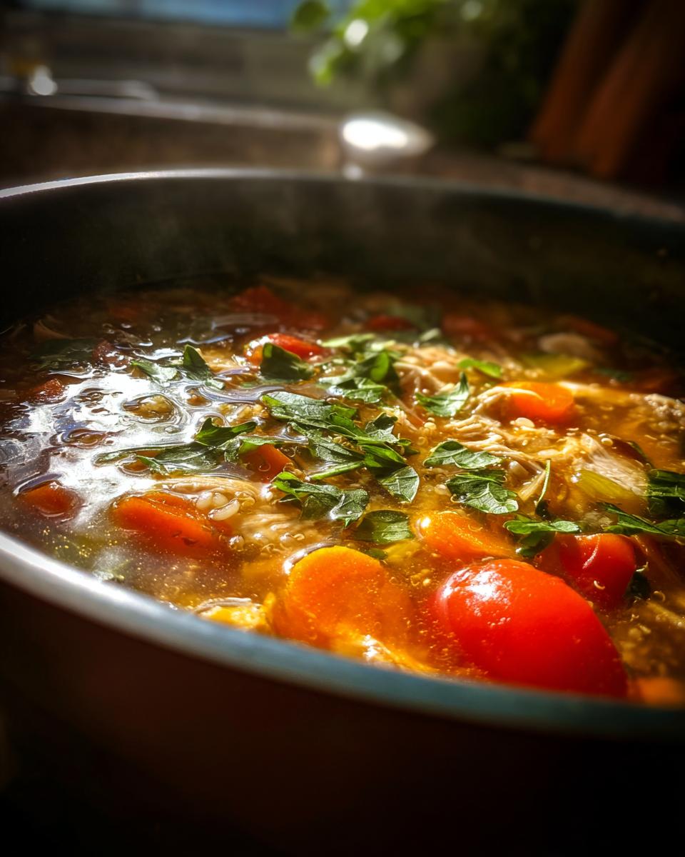 Close-up of a pot of High-Protein Turkey & Quinoa Soup with carrots, tomatoes, and herbs.