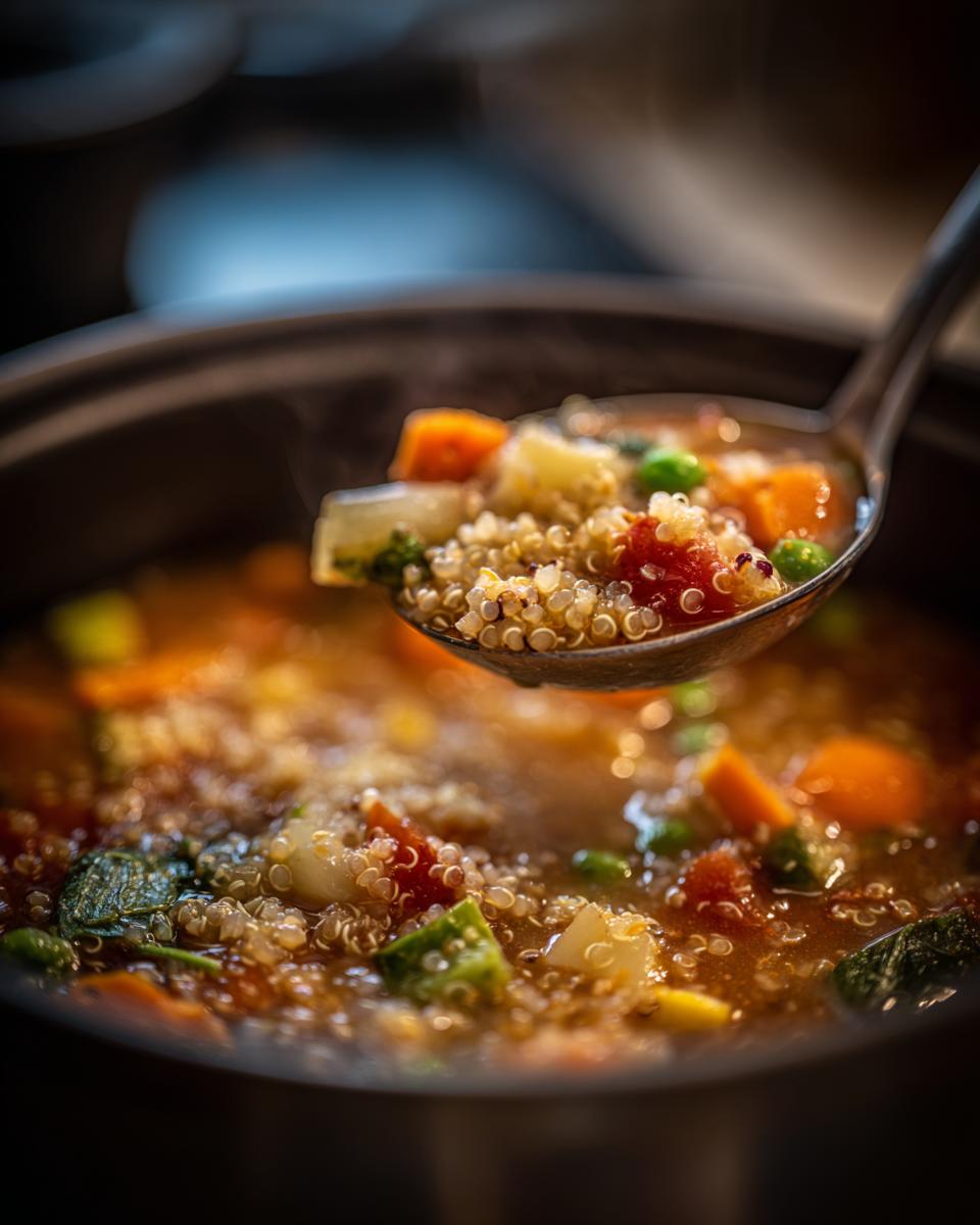 Close-up of High-Protein Turkey & Quinoa Soup being served with a ladle, showing quinoa and vegetables.