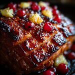 Close-up of a Holiday Glazed Ham with Pineapple and Brown Sugar, glistening and topped with cranberries.