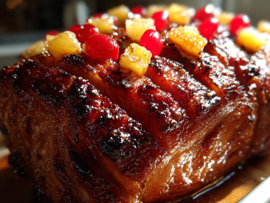 Close-up of a Holiday Glazed Ham with Pineapple and Brown Sugar, showing a glistening, caramelized crust and fruit topping.