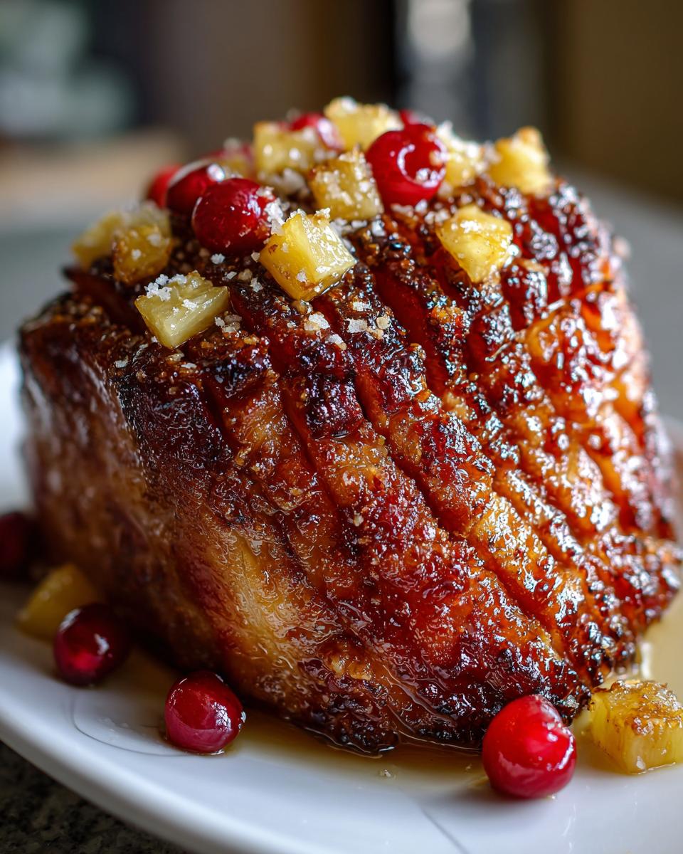 Close-up of a Holiday Glazed Ham with Pineapple and Brown Sugar, topped with cranberries and pineapple chunks.