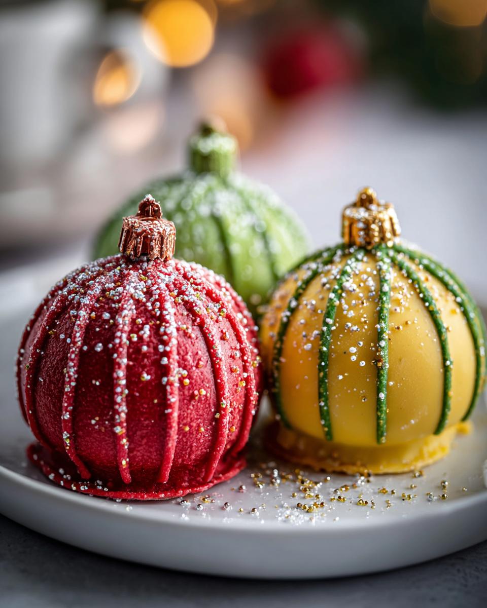 Close-up of colorful Holiday Ornament Oreo Truffles on a plate, decorated for the holidays.