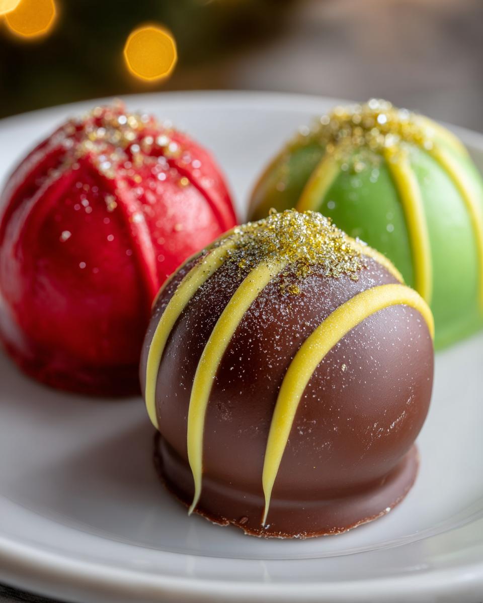 Close-up of three colorful Holiday Ornament Oreo Truffles on a white plate, decorated for the holidays.