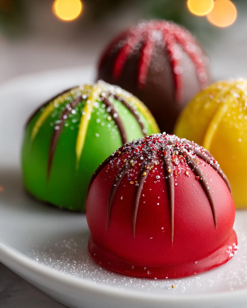 Close-up of colorful Holiday Ornament Oreo Truffles on a white plate, perfect for the holidays.