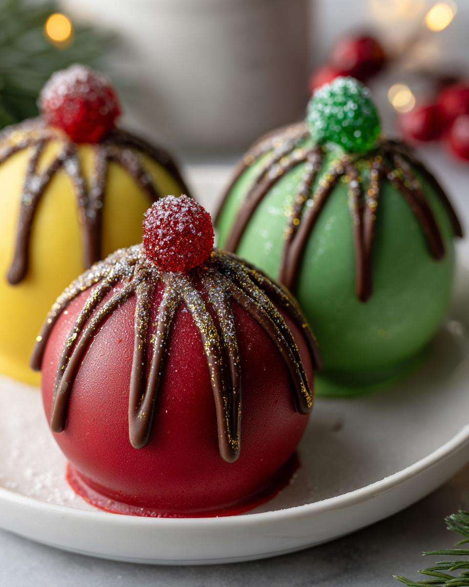 Close-up of colorful Holiday Ornament Oreo Truffles on a white plate, decorated for the holidays.