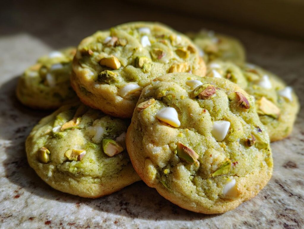 Pile of delicious Holiday Pistachio Pudding Cookies with pistachios and white chocolate chips.