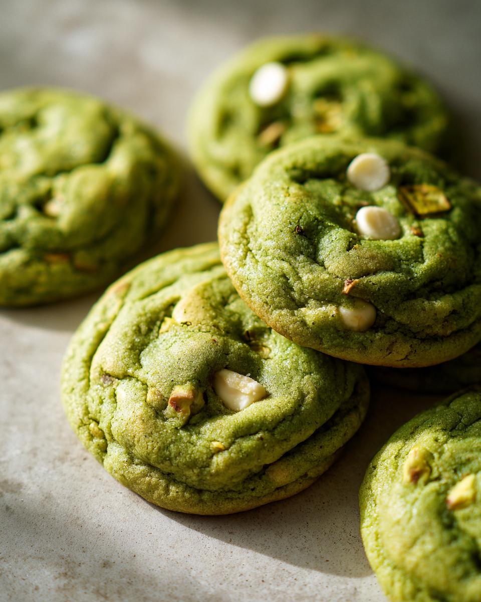Close-up of several Holiday Pistachio Pudding Cookies with white chocolate chips and pistachios.