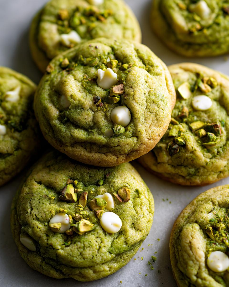 Close-up of delicious Holiday Pistachio Pudding Cookies with white chocolate chips and pistachios.