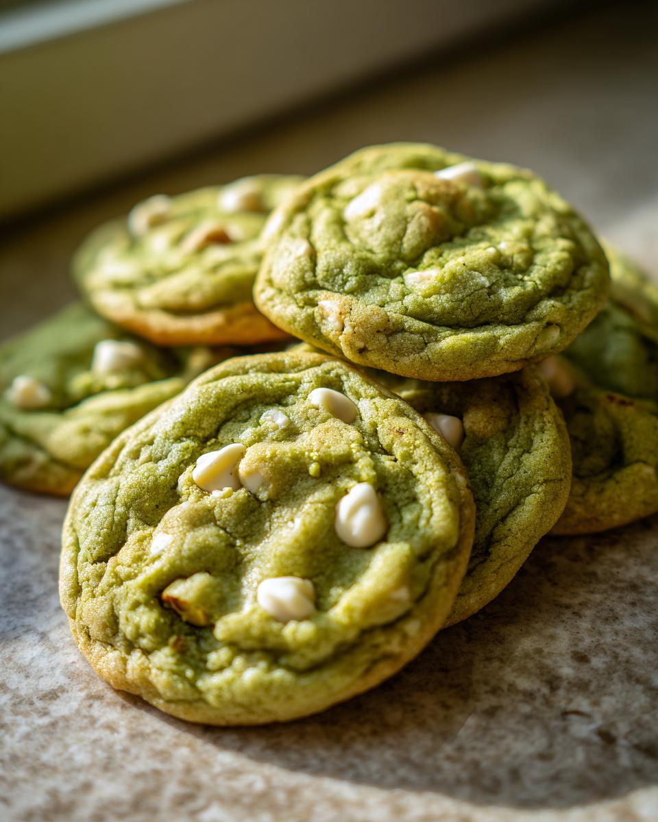Close-up of a pile of Holiday Pistachio Pudding Cookies, green with white chocolate chips.