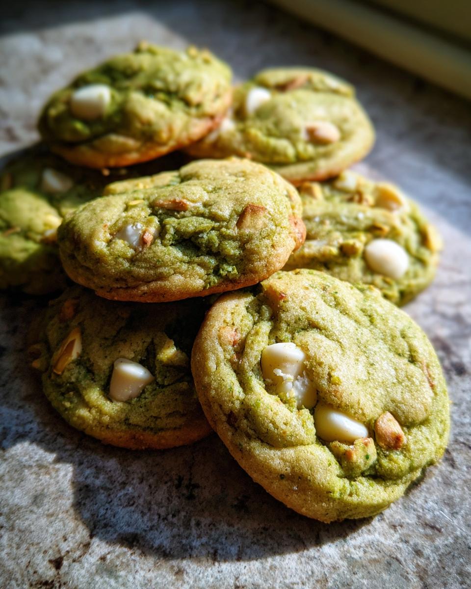 Close-up of a pile of Holiday Pistachio Pudding Cookies, showing their green color and white chocolate chips.