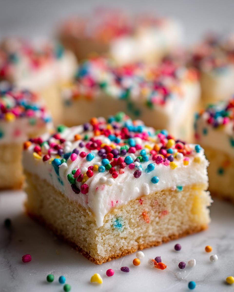 Close-up of a festive Holiday Sugar Cookie Bar with sprinkles, topped with white frosting.