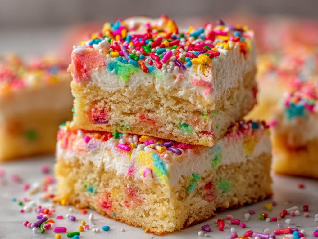 Two Holiday Sugar Cookie Bars with Sprinkles stacked on top of each other, showcasing colorful frosting and sprinkles.
